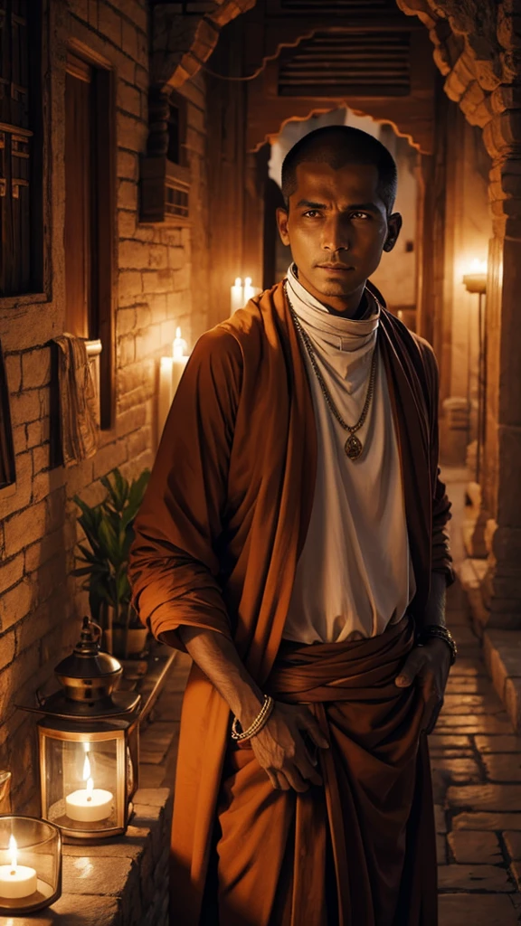 idris elba, cinematic portrait photo of a very interesting idris elba, Wearing the saffron robes of a monk, Saffron clothes, Rudraksha beads, oblong water pot in hand (Kamandal), rudraksha in hand, walking in street of Banaras, eyes close up, highly detailed vfx portrait, taken with a full frame camera with a wild lens,
