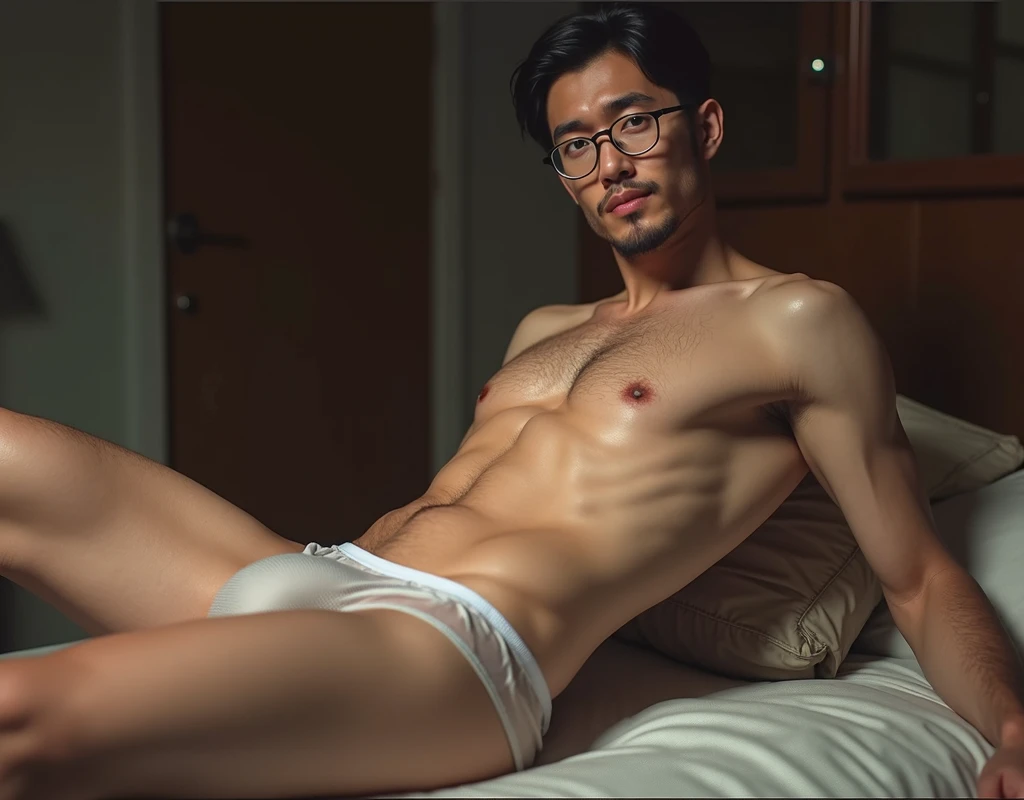 a thin white man, with marked abdomen, some body beauty, full lips, Wearing glasses, He is completely naked, lying on a bed, smiling and looking flirtatiously, He has transparent underwear, where you can see his penis.you have your legs open, Then the lump and the ass are separated. He has a big bulge in his underwear, pubic hair coming out. armpit hair.
