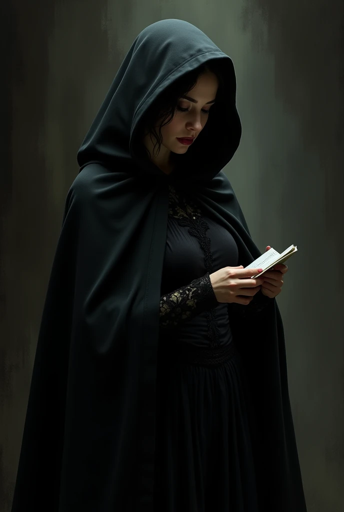 Create a drawing of a woman in a long black dress, dark cloak and holding a notepad.
