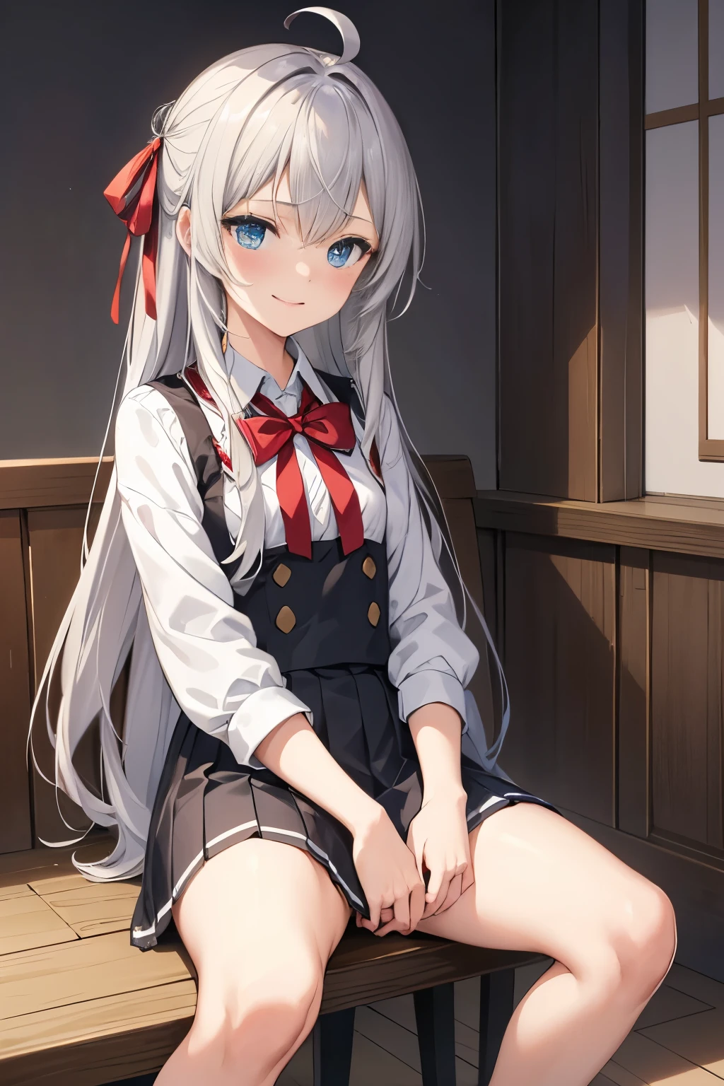 ((masterpiece)),(Highest quality),Official Art,Very delicate and beautiful,Extremely detailed CG,unity 8k wallpaper,Very detailed,Beautiful attention to detail,One person,One personで、smile,(small:1.2),Alisa Mikhailovna Kujo,Ahoge,Long Hair,Grey Hair,Hair Intake,Hair Ribbon,Red ribbon,Hair between the eyes,bangs,blue eyes,squat、Spread your legs、Pleated skirt