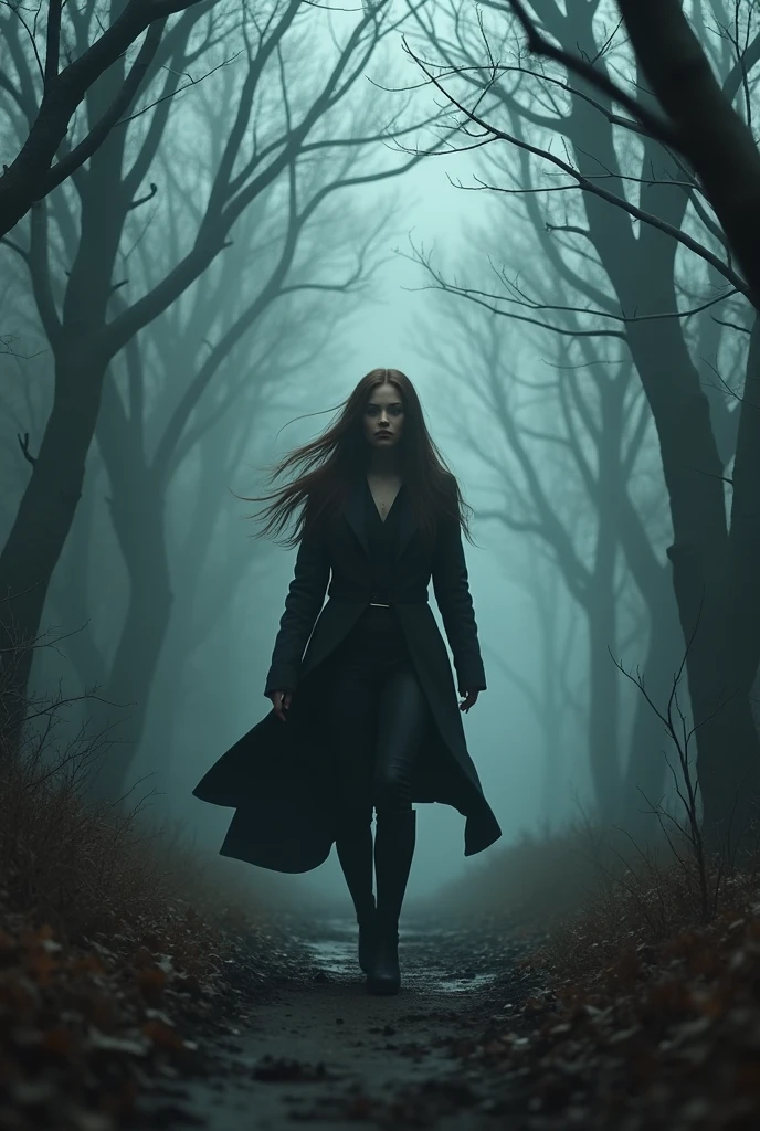 Female investigator with long coat with loose brown hair entering haunted forest