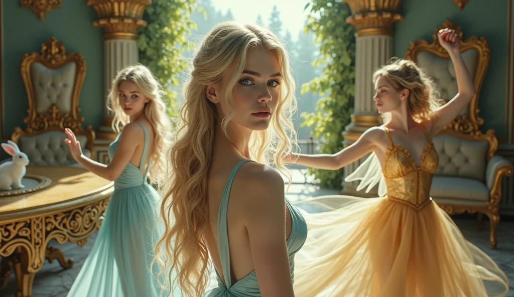 "A full-body shot of a realistic fairytale scene in a magical palace in a beautiful magical forrest, bathed in sunlighting."Beautiful pastel colour pallette." "A fairy queen1 with realistic striking big blue eyes with eye makeup and a serious, direct gaze at the camera with golden extra long hair and perfect shaped pearly white teeth and pursed lips." " A Fairy queen2 with golden-brown long curly hair in a thin light blue dress is dancing with arms up in the air." "Twirling and dancing fairy princess with a long white hair in a sheer golden wet transparent dress outfit, big breasts, thin waist, big butt, looks provocative with her mouth almost sedusive at fairy queen2 laughing." "The lighting is natural and bright, highlighting their features and casting a soft glow around their hair, creating a high-contrast effect that emphasizes the subject's presence. " "A white rapid sits in on a decorative dining table" "while a rainbow colored bird perches on the top of the thin royal thrown". The realistic scene includes a strikingly beautiful fairy queens and a princesse in a beautiful and magical forrest palace. "The vast environment paints a magical but weird admosphere". # Configuration settings clip_guidance_scale = 20 # High adherence to the detailed prompt, emphasizing facial features hr_scale = 2.0 # High resolution to capture intricate details in the hair and face. hr scale =2.0 # Perfect human female body. Best hands 1:1, super realistic hair 1:1, hyper realistic eyes 1:1, extra detailed delicate moist skin, most detaled and realistic face 1:1. #A realistic stage with thorough details and clear focus on the queens.