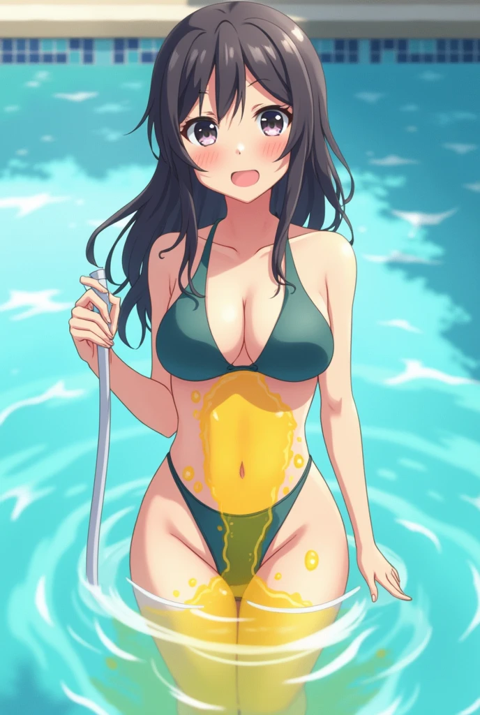 Anime, girl, girl in a swimsuit, girl in a swimsuit with a tube that is inserted into the swimsuit, the tube is inserted into the lower abdomen, the tube is lowered down, pees, pees herself, pees with yellow urine, pees into the tube that is inserted into the lower abdomen, yellow urine flows out of the tube that is inserted into the lower abdomen part of the abdomen, urine flows into the pool, bright yellow urine dissolves in the pool