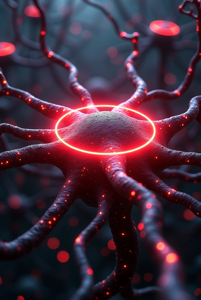 Create a complex neural network, with intertwined dendrites and axons, forming a luminous alliance in the center. The ring pulses with neon red energy, connecting all neurons and creating a protective force field. cyberpunkstyle, with a futuristic and mystical atmosphere. Neon Lighting, creating contrasting shadows. Inspired by the works of Syd Mead.