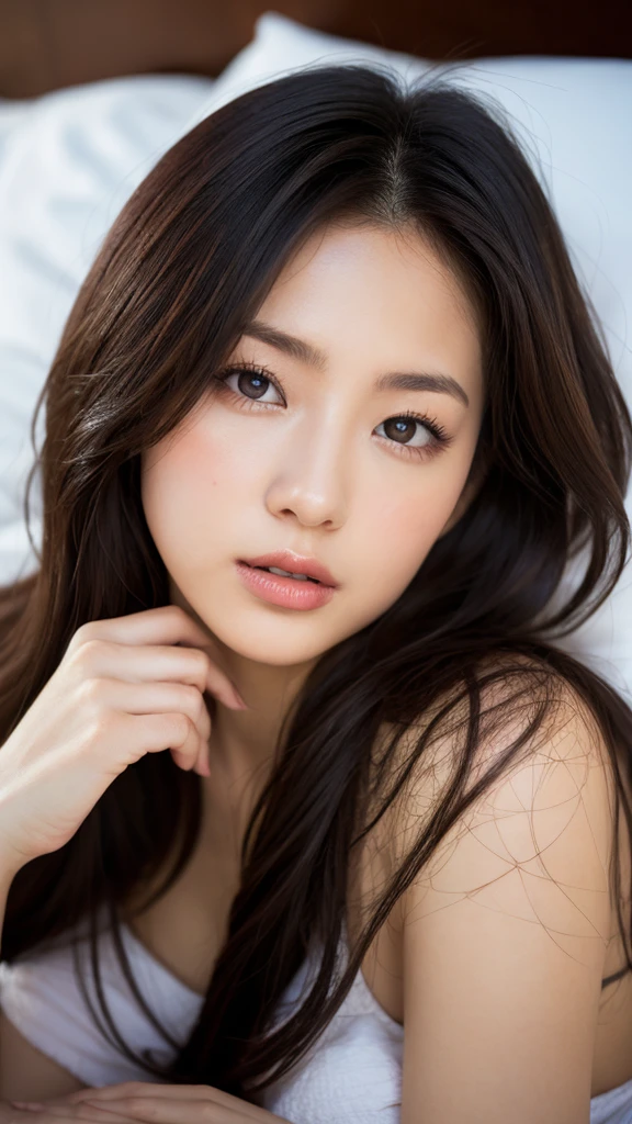 A woman lying on a bed、Face down on the bed、Realistic Skin、((Dark Eyes))、long hair、Double、Japanese、A real young gravure idol,  8k、
