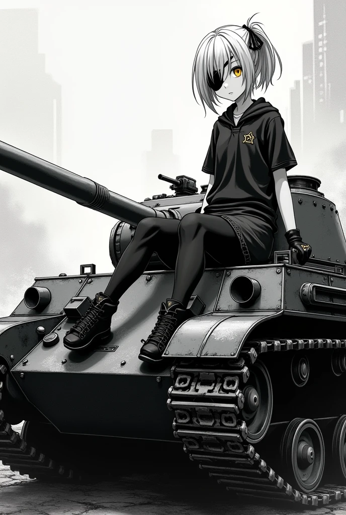 Medium height White short ponytail anime girl Determine yellow eye color with black eye patch wearing black school uniform, short skirt, tactical glove sitting on top a Soviet IS-2 tank . Manga art style. Black and white color