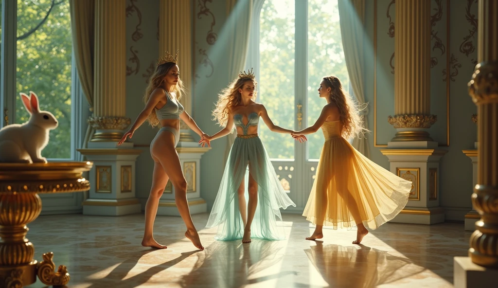 "A full-body shot of a realistic fairytale scene in a magical palace in a beautiful magical forrest, bathed in sunlighting."Beautiful pastel colour pallette." "A fairy queen1 with realistic striking big blue eyes with eye makeup and a serious, direct gaze at the camera with golden extra long hair and perfect shaped pearly white teeth and pursed lips." " A Fairy queen2 with golden-brown long curly hair in a thin light blue dress is dancing with arms up in the air." "Twirling and dancing fairy princess with a long white hair in a sheer golden wet transparent dress outfit, big breasts, thin waist, big butt, looks provocative with her mouth almost sedusive at fairy queen2 laughing." "The lighting is natural and bright, highlighting their features and casting a soft glow around their hair, creating a high-contrast effect that emphasizes the subject's presence. " "A white rapid sits in on a decorative dining table" "while a rainbow colored bird perches on the top of the thin royal thrown". The realistic scene includes a strikingly beautiful fairy queens and a princesse in a beautiful and magical forrest palace. "The vast environment paints a magical but weird admosphere". # Configuration settings clip_guidance_scale = 20 # High adherence to the detailed prompt, emphasizing facial features hr_scale = 2.0 # High resolution to capture intricate details in the hair and face. hr scale =2.0 # Perfect human female body. Best hands 1:1, super realistic hair 1:1, hyper realistic eyes 1:1, extra detailed delicate moist skin, most detaled and realistic face 1:1. #A realistic stage with thorough details and clear focus on the queens.