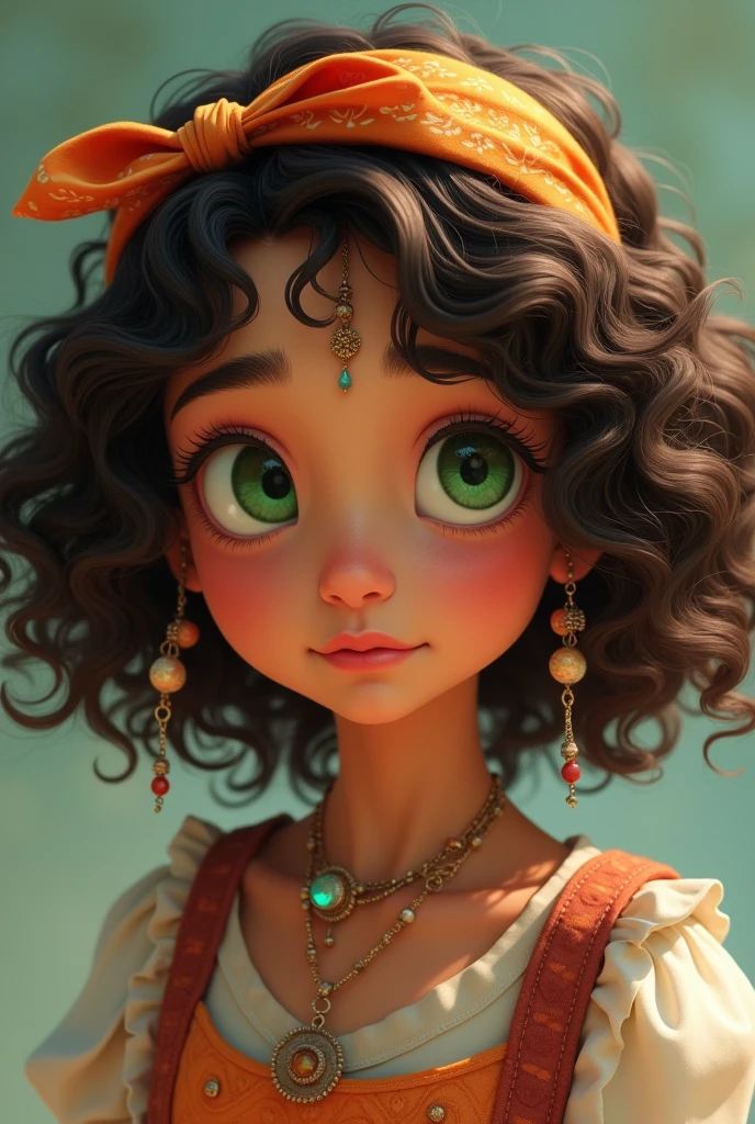 1 girl, with curly hair with bandana, short layered hair, light blacks, with ornament and beads in the hair, greeneyes, brown skin