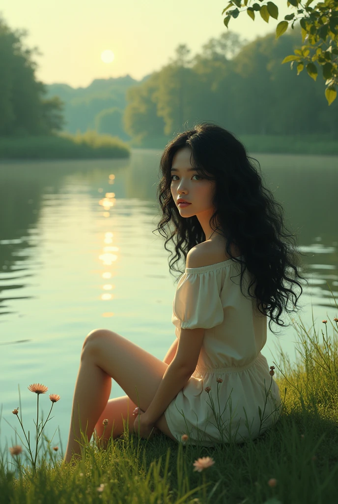 A woman with curly black hair and green eyes sitting on the edge of a river 