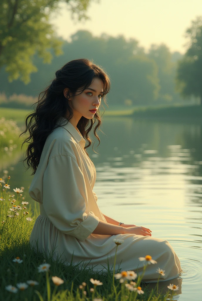 A woman with curly black hair and green eyes sitting on the edge of a river
