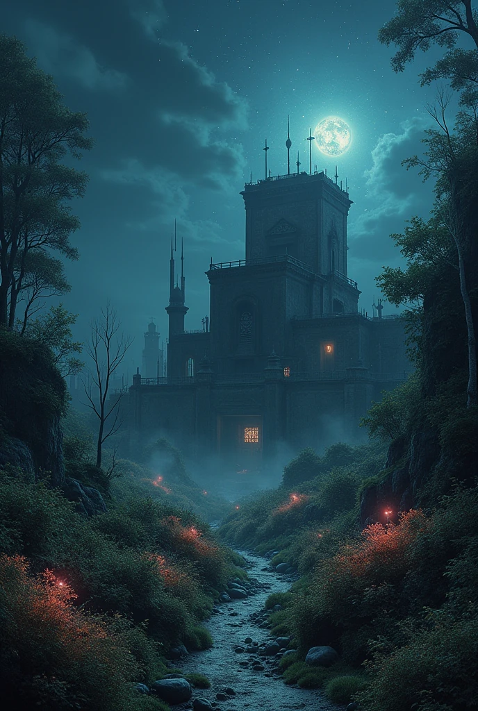 A dark place with magical nature , stars and a building resembling a military base covered by a fence
