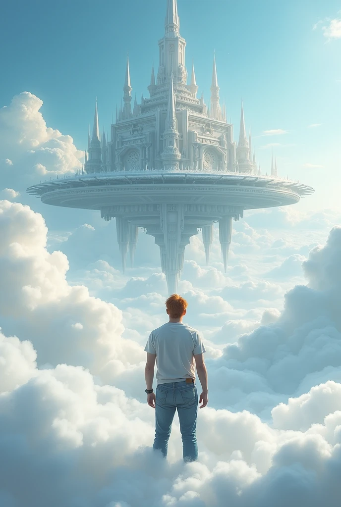 The endless plain of clouds. A 40yr old man with reddish-blonde hair wearing a t-shirt and jeans, strong posture. He is between the fluffy white clouds, knee-deep in clouds, and looking at a beautiful, magnificent flying fantasy city with intricate details. The city is floating in the air above the clouds.  The city has a heptagonal symmetrical shape, the corner towers are connected to the central part by galleries and passages. The city is both a defensive structure and a masterpiece of architecture. It has a futuristic look, but at the same time fantasy fairy tale outlines. ((masterpiece, highest quality, Highest image quality, High resolution, photorealistic, Raw photo, 8K)), ((Extremely detailed CG unified 8k wallpaper)), seen from behind,