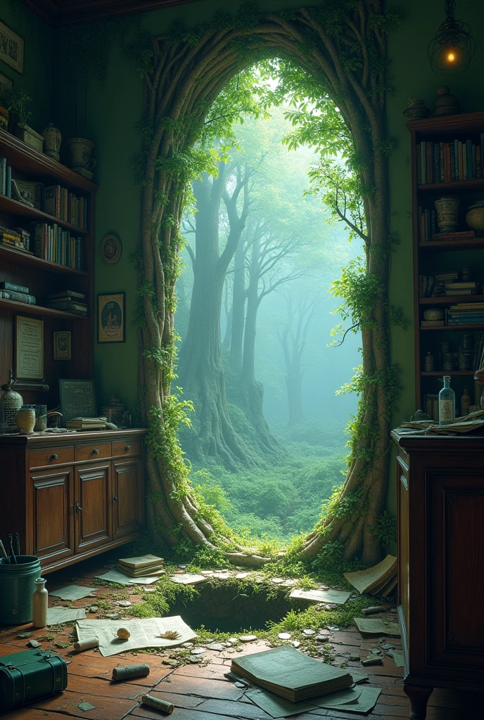a hole in a messy room, that connects to a mythical forest. detailed textures.