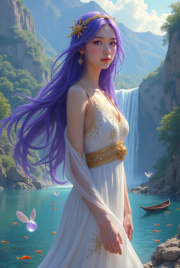 A beautyful girl long porple hear and porple eyes and white and gold queen short dress and dressing line porple with a head golden taj with neture like a mountain and waterfall’ lake’ lake under colorful fishses’ duck’ and boat