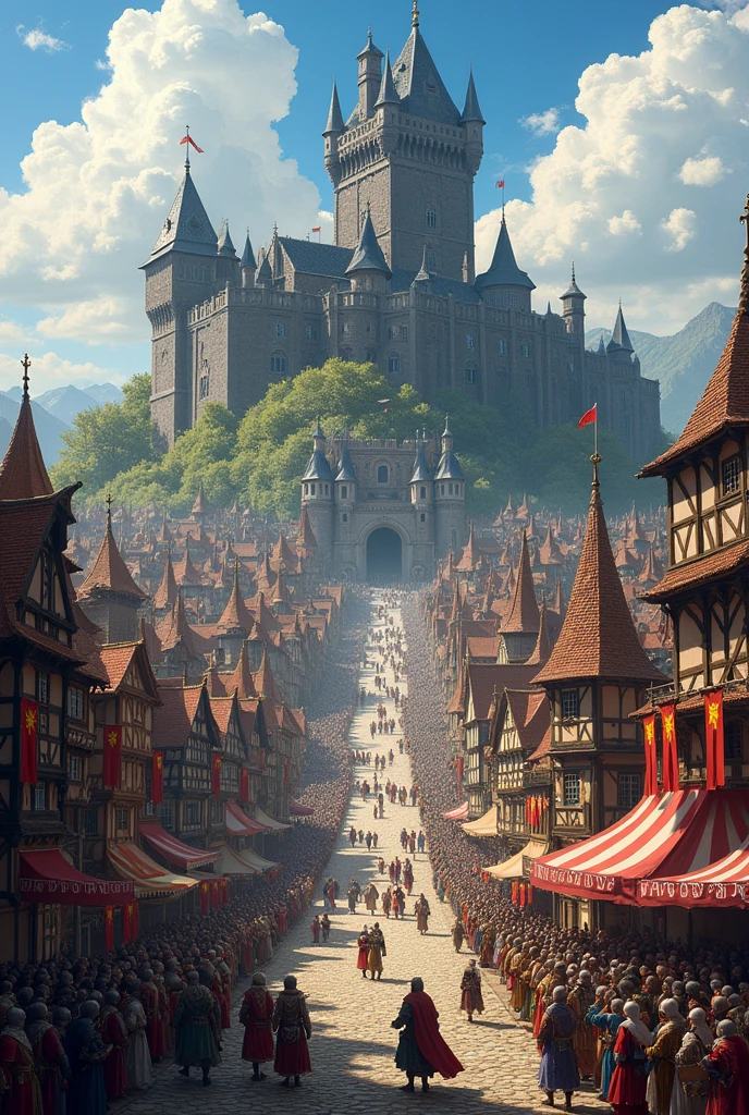 Create a huge medieval city celebrating a tournament with a black castle in the background