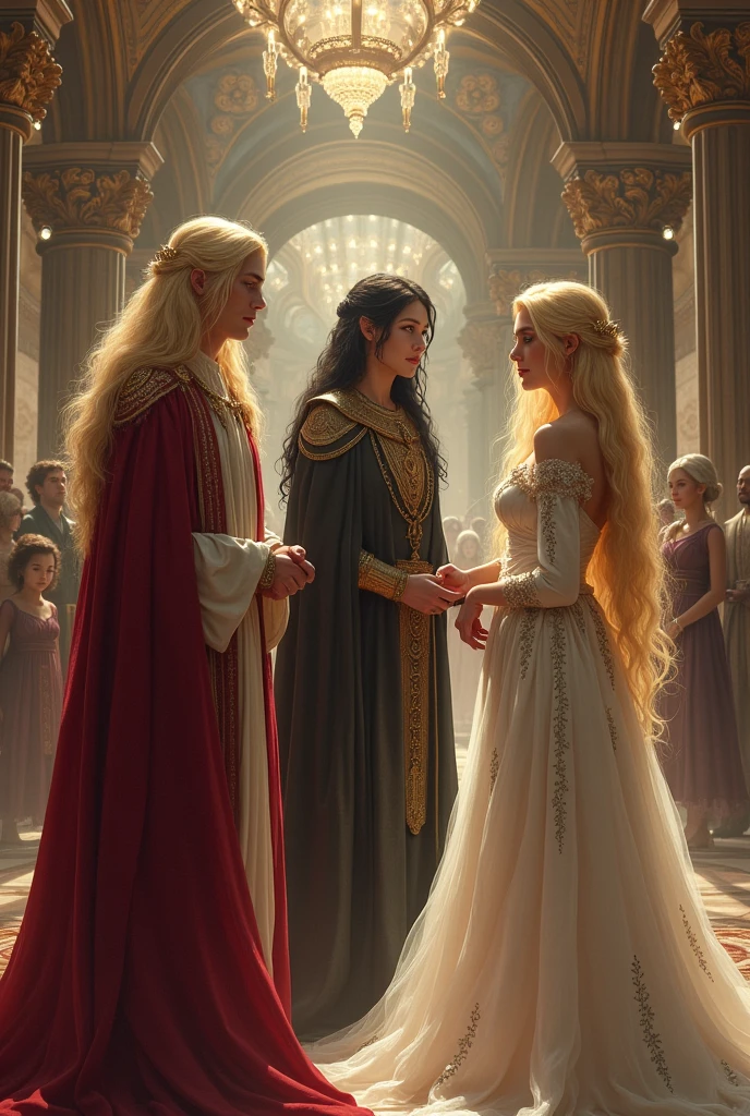 In a splendid royal hall, an elven king with long blond hair, an elven man with long black hair, and an elven princess with long blond hair