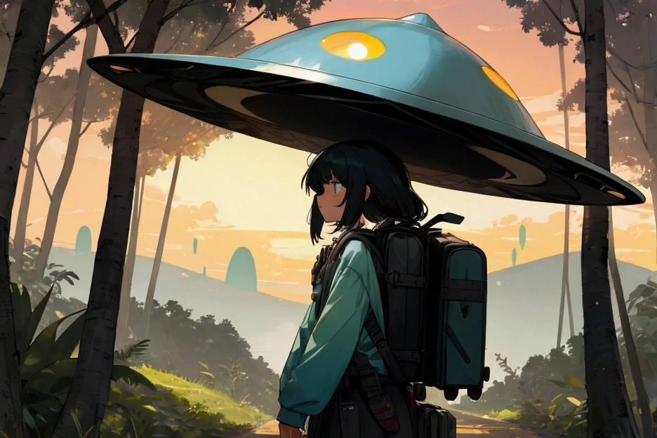 A road with lots of vegetation, a female traveler with a backpack on her back asking for a ride from a UFO at sunset