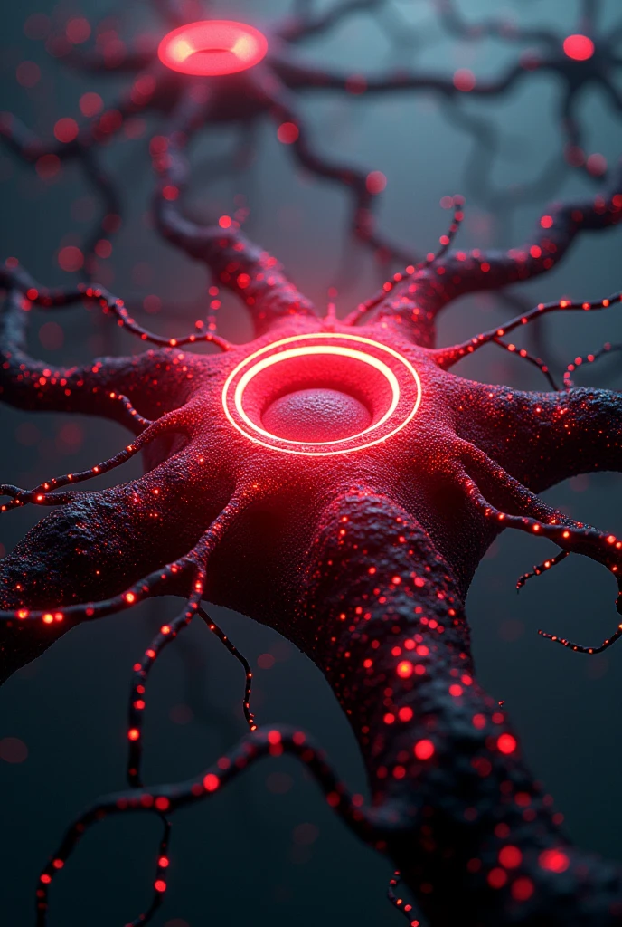 Create a complex neural network, with intertwined dendrites and axons, forming a luminous alliance in the center. The ring pulses with neon red energy, connecting all neurons and creating a protective force field. cyberpunkstyle, with a futuristic and mystical atmosphere. Neon Lighting, creating contrasting shadows. Inspired by the works of Syd Mead.