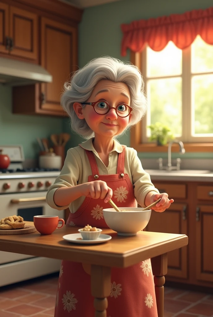 an elderly lady making mug cake in a kitchen