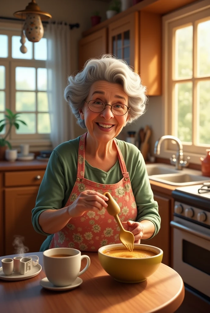 an elderly lady making mug cake in a kitchen