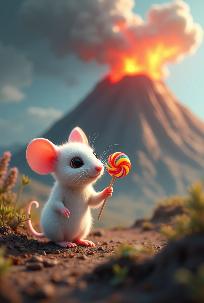 White mouse holding a candy lollipop in one hand and a volcano erupting in the back
