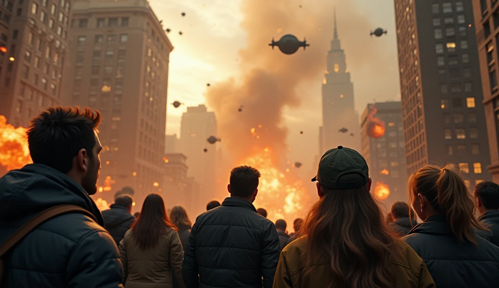 2024; (masterpiece, best quality) destroyed city (new York)scared 1people looking up(close-up); bombs falling from the sky; bombs exploding.