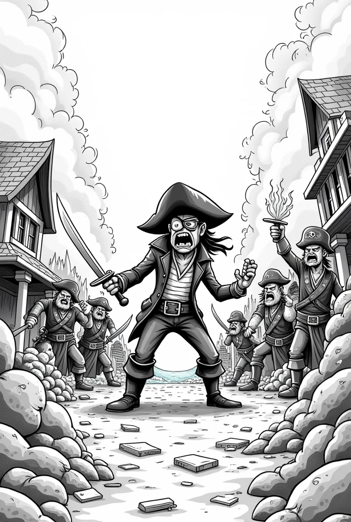 Create an easy to draw black and white drawing, of a pirate yelling at others , while they burn and kill people in a town that is around the sea.
Make the drawing easier to draw and not so realistic, Put an eye patch on one of the pirates' eyes and put some destroyed things.
Place destroyed and burning things . Place swords and torches on the other pirates. Make the drawing easier to draw , it takes away realism , places destroyed and ruined houses