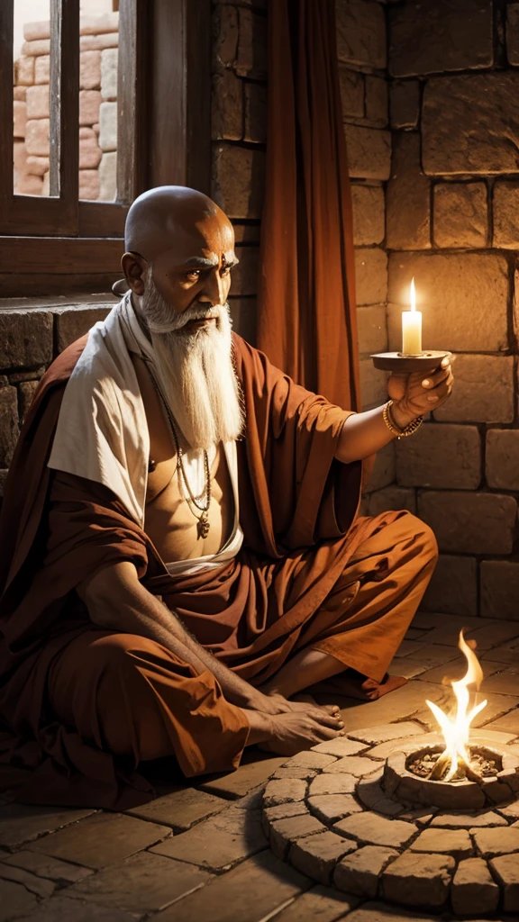 Indian prophet .ancient monk&#39;s clothes. the face is clearly visible. you can see all the details.4K. background futuristic temple. all the colors are bright and eye-catching

