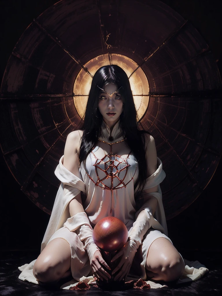(ran),blue witch,Create a highly detailed and atmospheric digital painting of a cosmic dark entity meditating in a lotus position on the surface of a barren planet. The entity has a shadowy, featureless face and a muscular humanoid body covered in dark organic tendrils that appear to flow and twist around it.. A bright red crystal is embedded in his chest, pulsating with dark energy. Above the head of the entity, A spinning purple and black cosmic vortex with a glowing mystical orb at its center radiates power, Shedding an ethereal light. The background features a vast star-filled galaxy with purple nebulas and distant cosmic phenomena., creating a sense of infinite space and power. The lighting is dark and sinister, and the main sources of light are the glowing red crystal and the mystical orb. The overall color palette is dominated by deep purples., black and touches of red, evoking a sense of cosmic mystery and power.