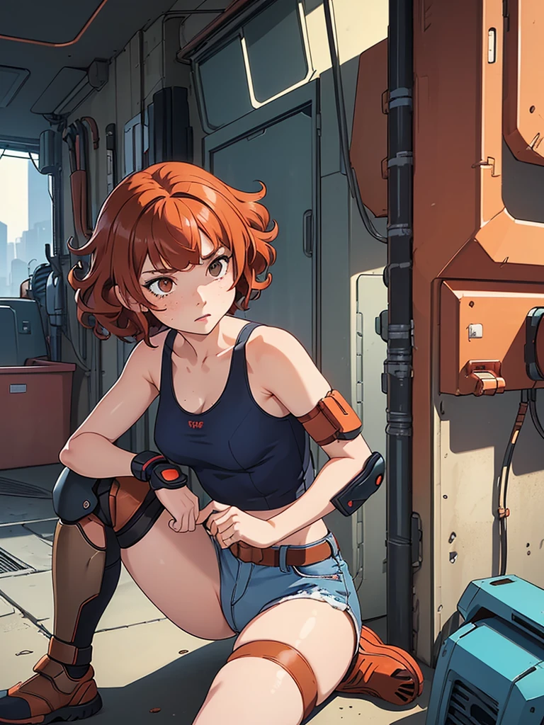(masterpiece), (best quality), ((one girl)), ((alone)),copper red hair,(brown eyes),short hair, (curly hair),((side parted hair bangs)),anime style, freckles, (small breasts), (petite figure), (blue tank top), cyberpunk,((knee pads)),legs, (desert background))
