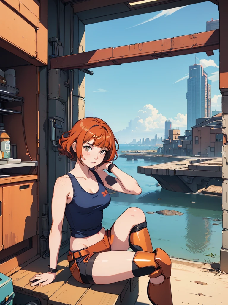 (masterpiece), (best quality), ((one girl)), ((alone)),copper red hair,(brown eyes),short hair, (curly hair),((side parted hair bangs)),anime style, freckles, (small breasts), (petite figure), (blue tank top), cyberpunk,((knee pads)),legs, (desert background))