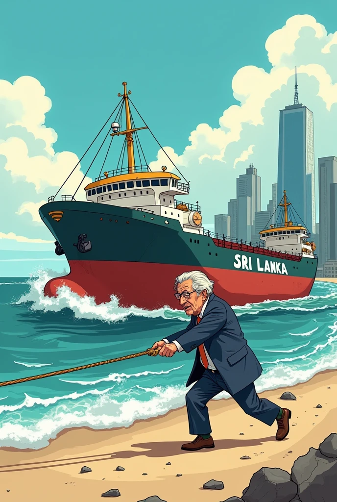 A cartoon image of an aged businessman with coat and suit pulling a drowning cargo ship named Sri Lanka to shore of city
with rope