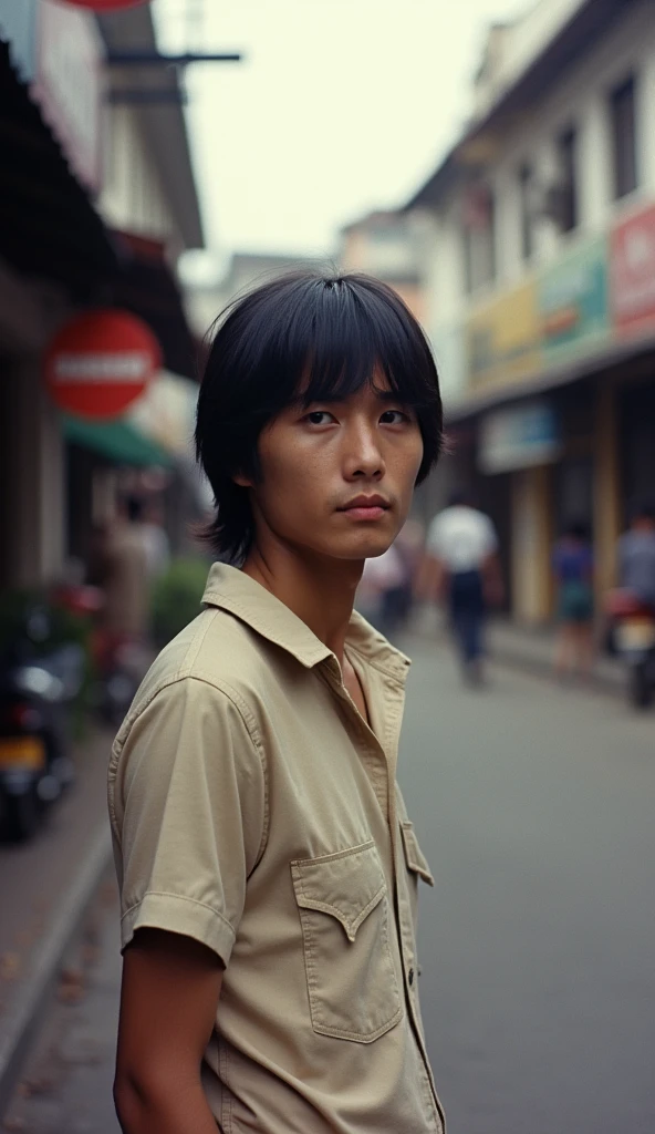 Some photographs circa 1982, street photo in Bandung city, full body shot, a man with shoulder length black hair, wearing casual clothes from 1982, showing all body, Photograph from pockets camera, Kodak colour, Purpleish, face looking to viewer, white skin, full body photos,