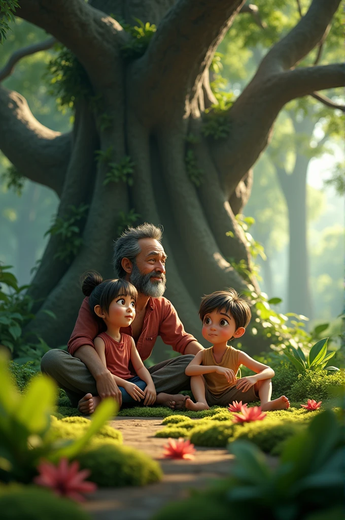 Genaratic cinametics prompt to 3d video in details"**Background:** Dense, lush green jungle with tall trees, thick underbrush, and dappled sunlight filtering through the canopy.
   - **Foreground:** A large, sturdy banyan tree with sprawling roots, under which Lily and Leo are sitting with their father.