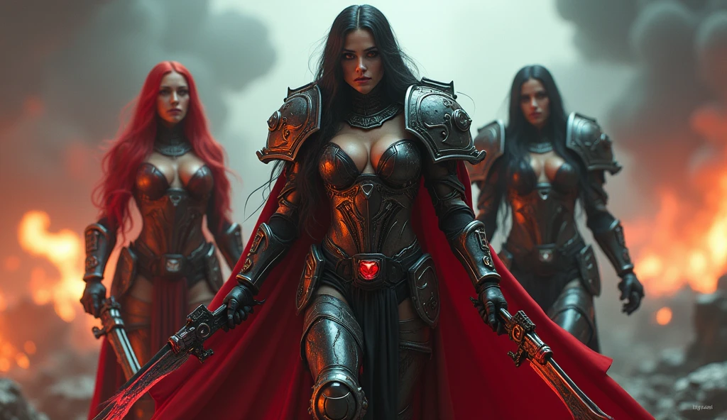 Full body pose sexy sisters of battle from the warhammer 40k, shooting at the enemy, red space marine armor with intricate details, white space marine armor with intricate details, Black space marine armor with intricate details, symbols on the armor, sisters of battle, warhammer 40k, Massive silicone breast, pale skin, seductive, temptation, eat your soul, clevage, long red flowing hair, long white flowing hair, long black flowing hair with purple highlights, heavy gothic makeup, at night, neon, beautiful detailed eyes, beautiful detailed lips, extremely detailed eyes and face, long eyelashes, highly detailed armor, intricate futuristic weaponry, dramatic lighting, cinematic composition, muted color palette, gritty and realistic, mecha, science fiction, hyper-detailed, photorealistic, award winning digital art, 8k, HDR, masters work, in the middle of a battle field, full body combat action pose, explosions and fire around, full war, stunning, Stilleto heels, high heels, full body pose, cinematic, movie trailer, final stand!, nemesis, ready to strike, dust and debree, combat screams, attacking, shooting at the enemy, running forward, last line of defense, charging, fanatic, religious, templar knights, sisters of battle, warhammer 40k, shooting at the enemy, exposed breast, revealing,