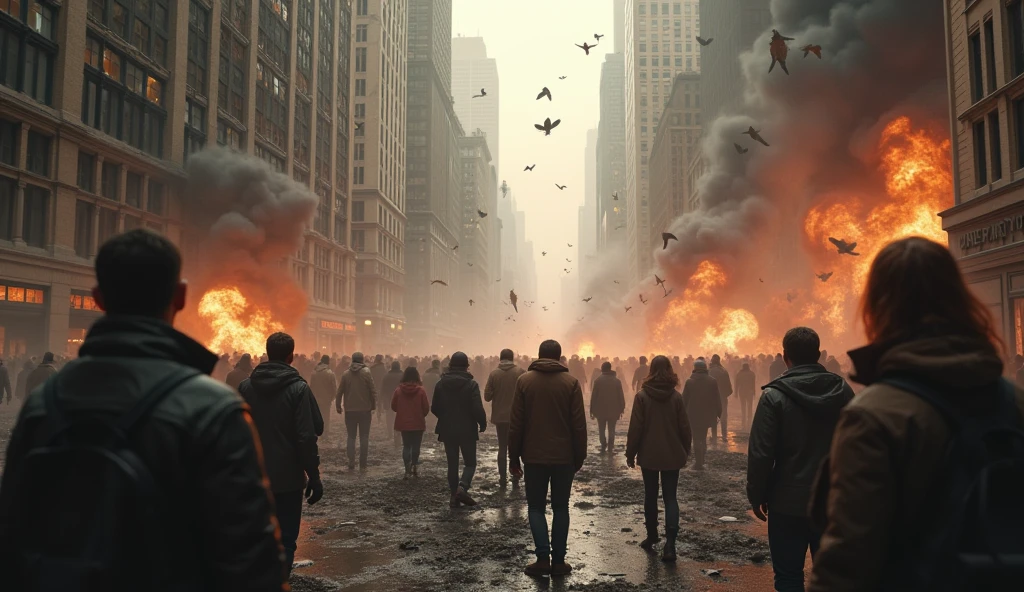 2024; (masterpiece, best quality) destroyed city (new York)scared people looking up; bombs falling from the sky; bombs exploding.