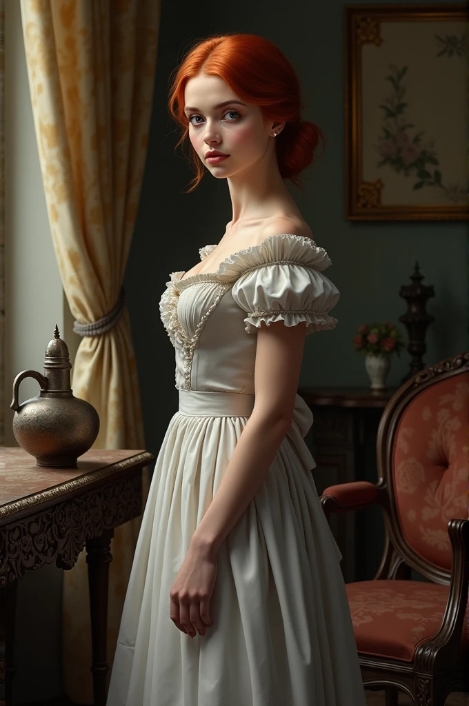 Draw me a woman with red hair in 1850 who is a housekeeper, looks very pretty, thin but fit and wears tights with a very beautiful servant's dress, she should have violet eyes and be a real feast for the eyes