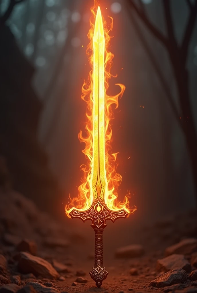 A flaming sword with a phoenix symbol on the guard and wooden details