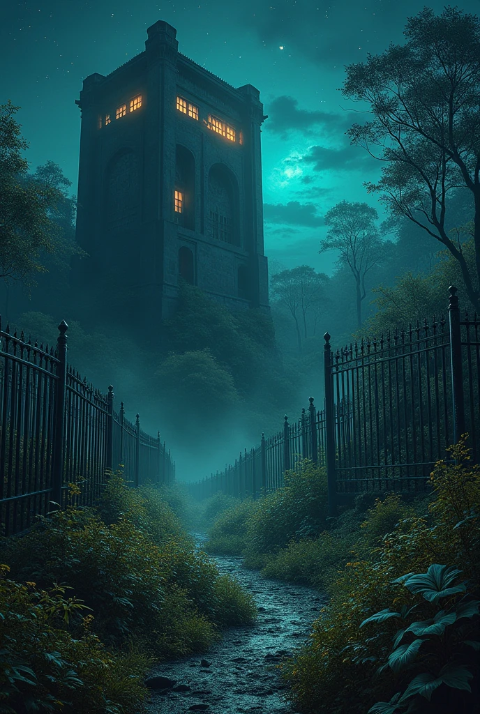 A dark place with magical nature , stars and a building resembling a military base covered by a fence