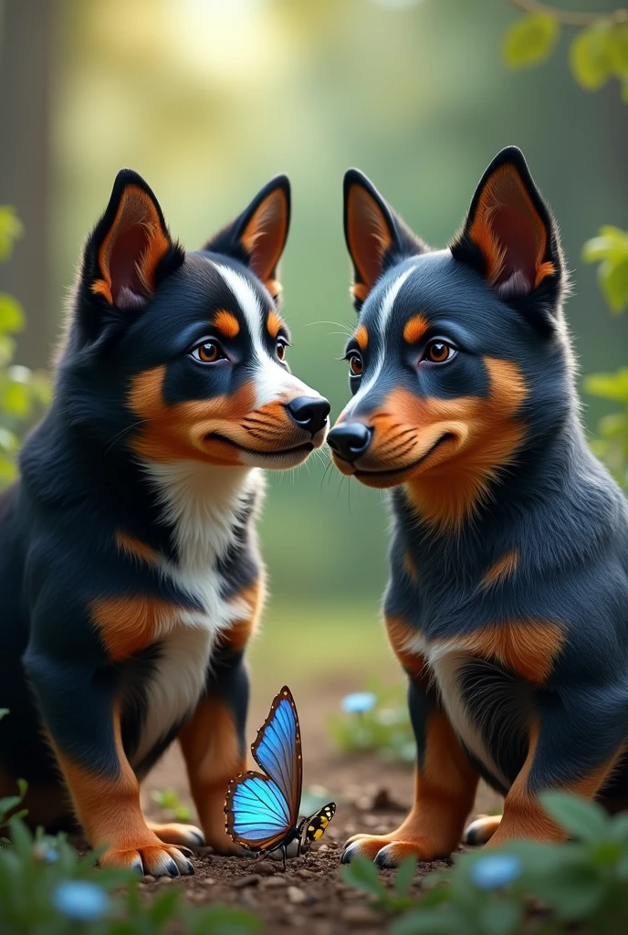 black brown australian kelpie dog just these colors and with a little bee on its nose, and a BLUE hiller dog without white spot with head near black ear running a blue butterfly