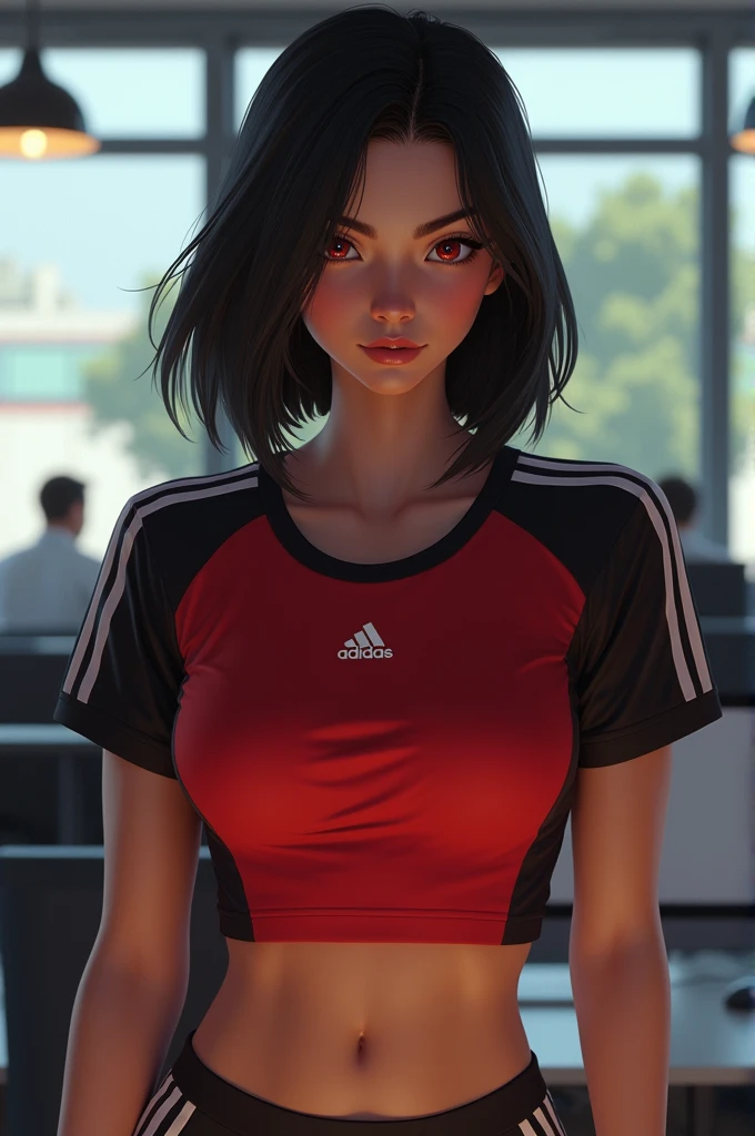 Girls black to shoulder length hair, sports clothes addidas red black, red black eyes ,office earn money