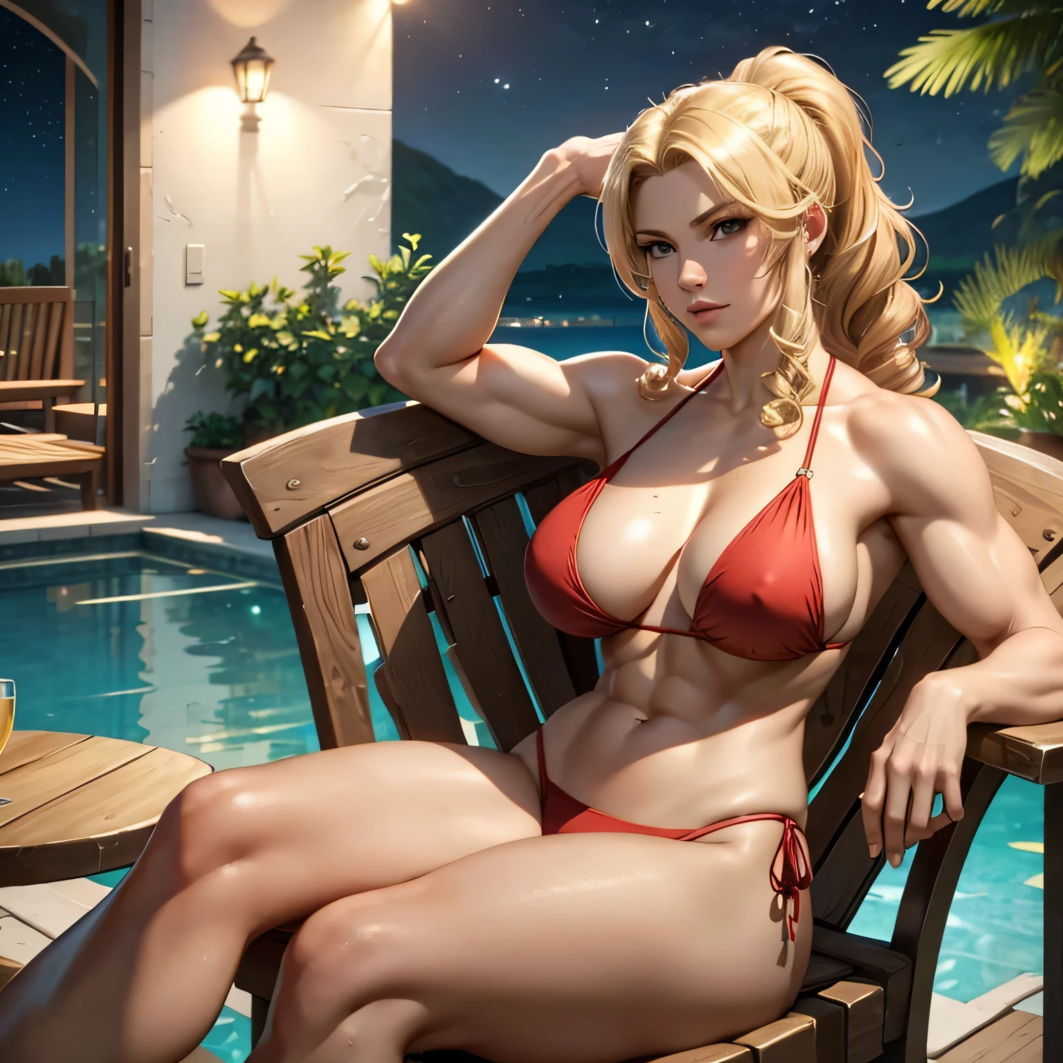 masterpiece, best quality, agrias, a woman, solo, wearing a tiny red bikini, blonde hair, high leg, curly hair , muscular , detailed face, muscular detailed face, age 22, modern house patio, big breast, sitting on a chair, head up, pony tail, night time