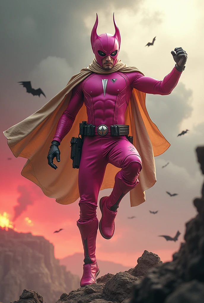 
Malaysia man in high-tech suit, vivid effects, malaysian superhero (KELUANG MAN) in a striking pink and brown beige costume cyberpunk design((, mask small mini bat ear beige,)) daredevil beige mask, jumpsuit dark pink stands confidently in a dramatic.jumping from high place.hero costume.one hand rise up. (Big triangle logo on the chest.high detail Punisher logo on the chest)). jumping from hight place. Fighting pose , stormy landscape. ((Head covered node guard like batman. Running pose , athletic body type, small mini ear bat mask))The character wears domino mask a helmet with pointed mini torn ears and a flowing cape biege, open nose and mouth. Equipped with visible futuristic weapons on a belt,bullet proof jacket pink dark day.show fingers pose, dark night, big supermoon effect . Small logo on chest triangle shape small ((mitch gerads punisher ))logo center triangle cyber logo center on chest pink logo mini logo . rocky. Building top.full armor.smoke ground , bomb effect background, losse pants, losses costume.adding to --ar 3:4 --style raw --stylize 500 --v 6.1. chaos. Lot of small flying bat. One leg on the high stone. Man. Backpack . Real man age 40 year old. One hand holding belt.