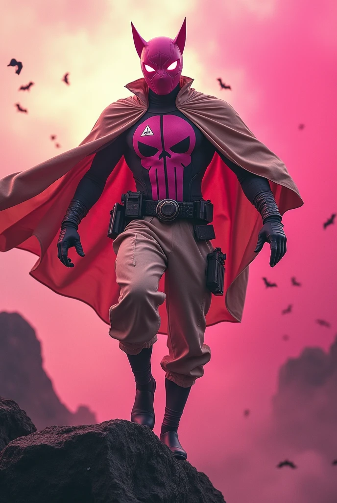 Malaysia man in high-tech suit, vivid effects, malaysian superhero (KELUANG MAN) in a striking pink and brown beige costume cyberpunk design((, mask small mini bat ear beige,)) daredevil beige mask, jumpsuit dark pink stands confidently in a dramatic.jumping from high place.hero costume.one hand rise up. (Big triangle logo on the chest.high detail Punisher logo on the chest)). jumping from hight place. Fighting pose , stormy landscape. ((Head covered node guard like batman. Running pose , athletic body type, small mini ear bat mask))The character wears domino mask a helmet with pointed mini torn ears and a flowing cape biege, open nose and mouth. Equipped with visible futuristic weapons on a belt,bullet proof jacket pink dark day.show fingers pose, dark night, big supermoon effect . Small logo on chest triangle shape small ((mitch gerads punisher ))logo center triangle cyber logo center on chest pink logo mini logo . rocky. Building top.full armor.smoke ground , bomb effect background, losse pants, losses costume.adding to --ar 3:4 --style raw --stylize 500 --v 6.1. chaos. Lot of small flying bat. One leg on the high stone. Man. Backpack . Real man age 40 year old. One hand holding belt.