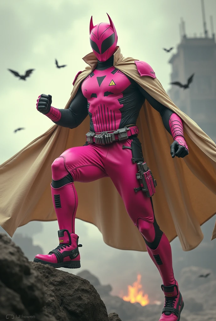 Malaysia man in high-tech suit, vivid effects, malaysian superhero (KELUANG MAN) in a striking pink and brown beige costume cyberpunk design((, mask small mini bat ear beige,)) daredevil beige mask, jumpsuit dark pink stands confidently in a dramatic.jumping from high place.hero costume.one hand rise up. (Big triangle logo on the chest.high detail Punisher logo on the chest)). jumping from hight place. Fighting pose , stormy landscape. ((Head covered node guard like batman. Running pose , athletic body type, small mini ear bat mask))The character wears domino mask a helmet with pointed mini torn ears and a flowing cape biege, open nose and mouth. Equipped with visible futuristic weapons on a belt,bullet proof jacket pink dark day.show fingers pose, dark night, big supermoon effect . Small logo on chest triangle shape small ((mitch gerads punisher ))logo center triangle cyber logo center on chest pink logo mini logo . rocky. Building top.full armor.smoke ground , bomb effect background, losse pants, losses costume.adding to --ar 3:4 --style raw --stylize 500 --v 6.1. chaos. Lot of small flying bat. One leg on the high stone. Man. Backpack . Real man 0 year old. One hand holding belt.
