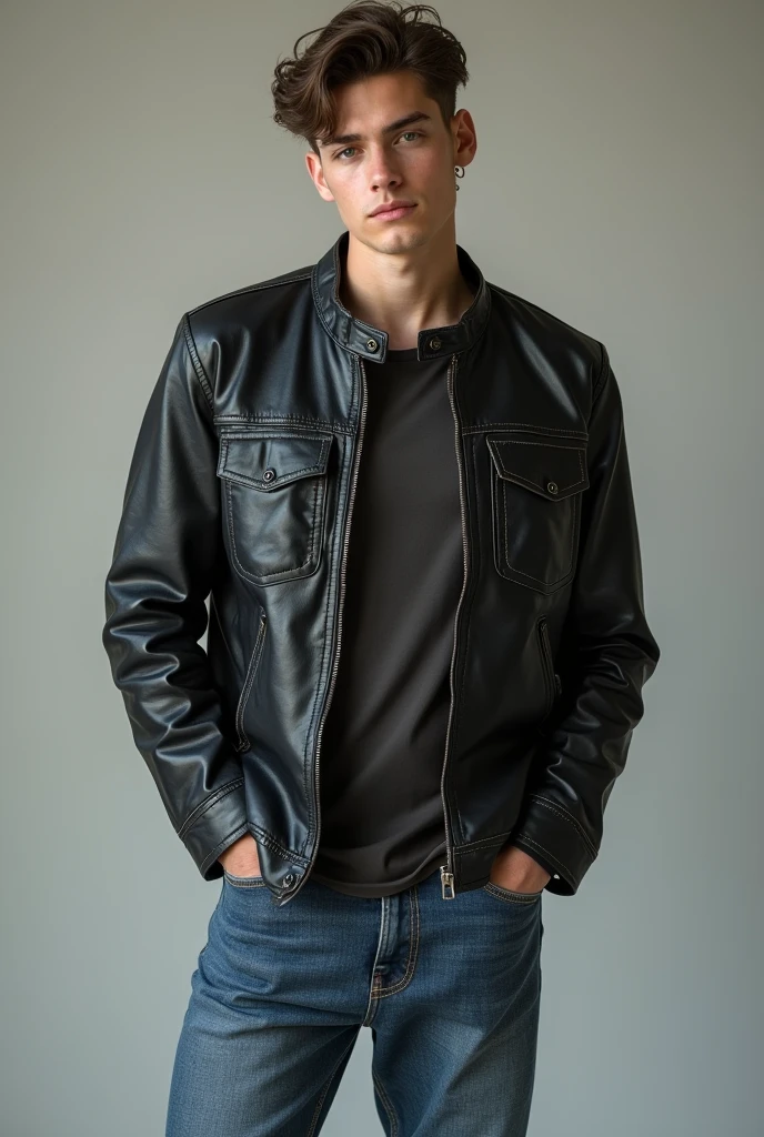 A 20 year old boy
wearing black leather jacket and blue baggy jeans pant full body photo