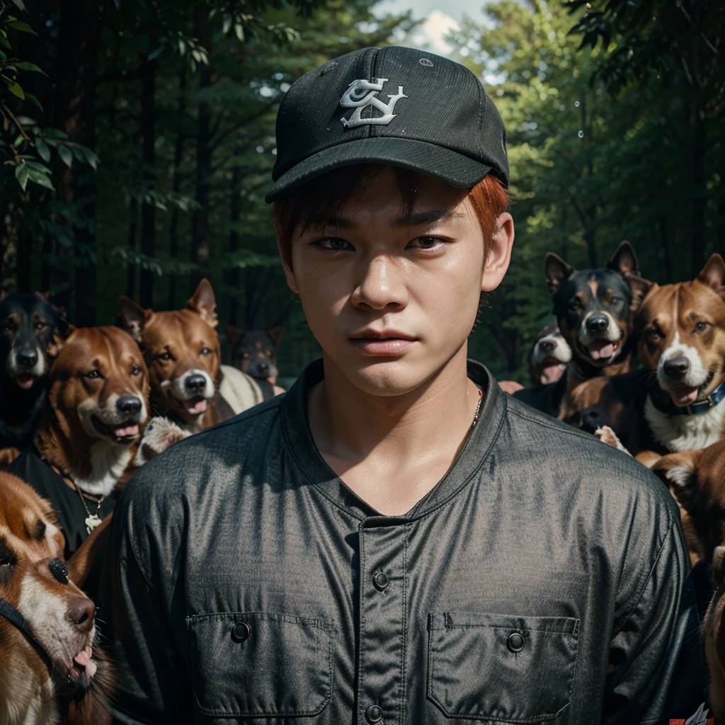 Yang Jeongin, member of Stray Kids. A redheaded boy wearing 2000s style clothes and a cap, surrounded by several large breed dogs, chaotic pitbulls outdoors, detailed portrait, 1boy, beautiful detailed face, long eyelashes, hyper realistic, cinematic lighting, dramatic atmosphere, intricate details, warm color palette, vibrant colors.
