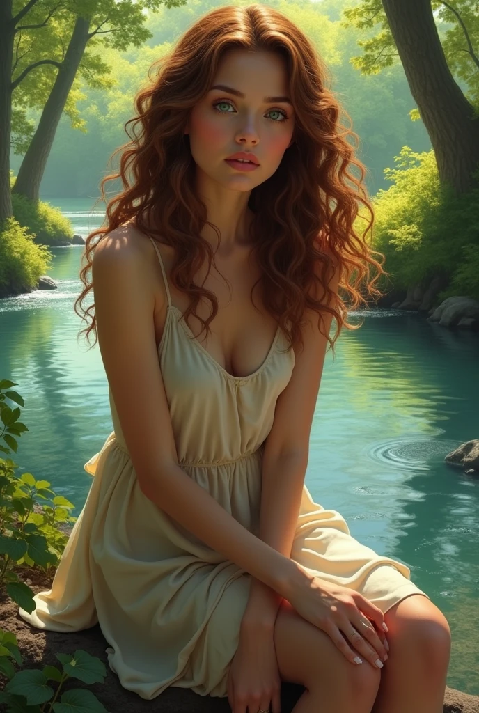 A woman with curly hair and green eyes sitting on the edge of a river