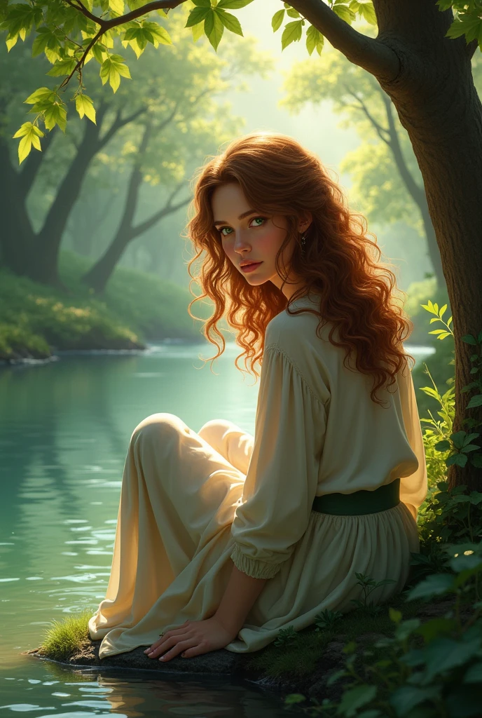 A woman with curly hair and green eyes sitting on the edge of a river 