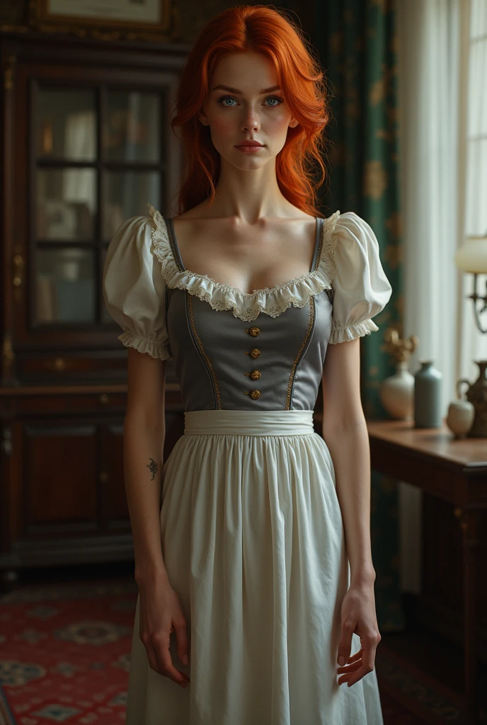 Draw me a woman with red hair in 1850 who is a housekeeper, looks very pretty, thin but fit and wears tights with a very beautiful servant's dress, she should have violet eyes and be a real feast for the eyes